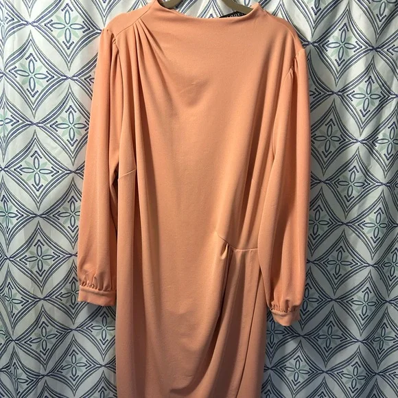 Eloquii Soft Coral Long Sleeve Dress with Ruching, Long Bell Sleeves EUC - Picture 1 of 8